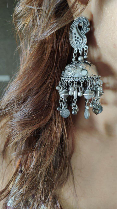 Lightweight Peacock Silver Oxidised Jhumka Earring
